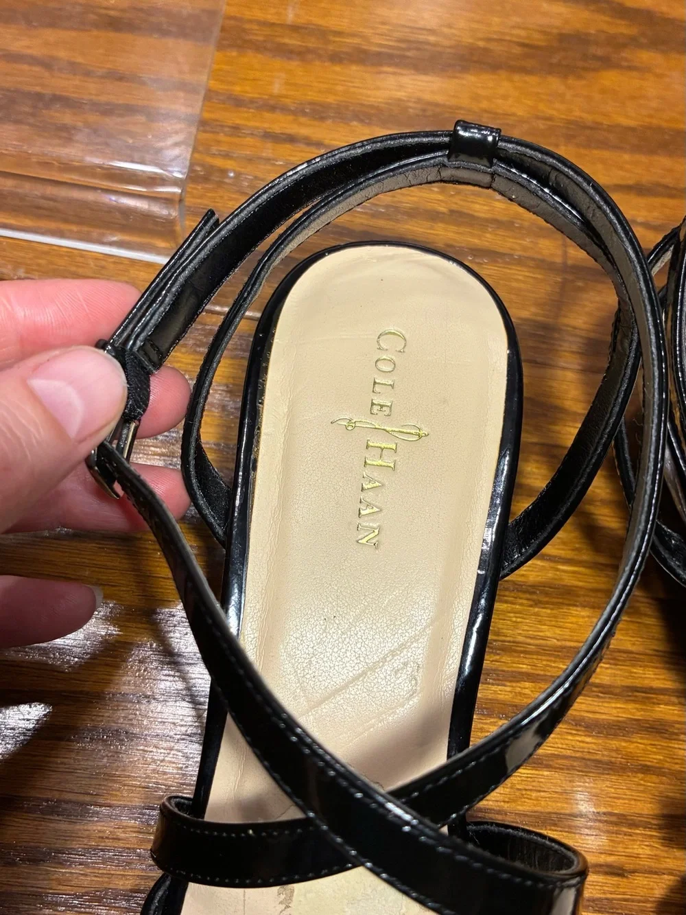 Cole Haan Black Patent Leather Strappy Wedge Sandals Size 6